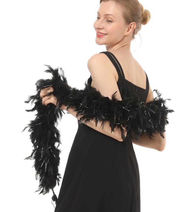 Flydreamfeathers 80 Gram, 2 yards Long Turkey Chandelle Feather Boa 10 Color, Great for Party, Wedding, Halloween Costume, Christmas Tree Decoration (Black w/Silver Tinsel) - Image 3